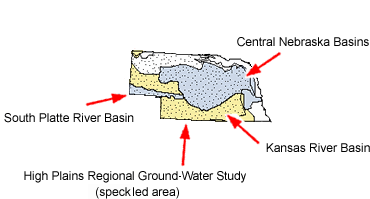 Map of Nebraska showing the NAWQA study areas. 