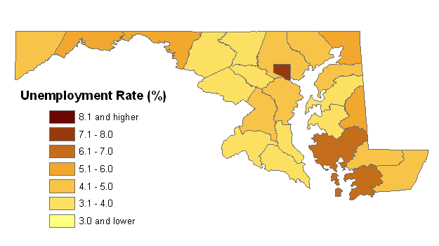 Unemployment rates in Maryland by county, August 2008