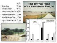 Concentrations of herbicides in flood waters from the 1998 flood of the Nishnabotna River in southwestern Iowa. The highest herbicide concentration was 5.06 micrograms per liter (µg/L) for atrazine (Kolpin and others, 2000)