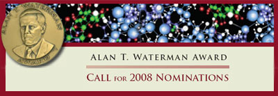 Waterman medal next to the words: Alan T. Waterman Award,  Call for 2008 Nominations