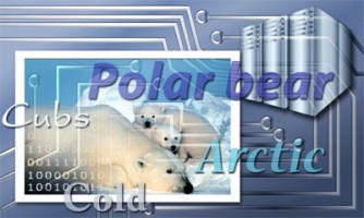 illustration of computer "thinking" out the description of a photo of polar bear with her two cubs -- the words: polar bear, cubs, cold, and Arctic appear