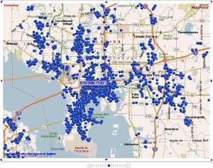 A map of Tampa, Fla., overlaid with blue dots that represent cell phone signals from a single carrier's network