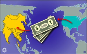 illustration depicting that US Science and Technology money is going to Asia -- image includes outline maps of asia and US with arrows to/from cartoon currency bills with Science and Technology noted on them