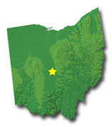 Image of Ohio with a star pinpointing the location of the capital.