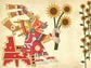 Aztec figure drawn on parchment holding sunflowers; sunflower field in the background.