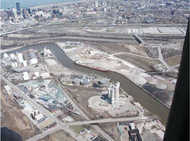 The Cuyahoga River navigation channel in Cleveland has impaired fish and wildlife habitat due to the bulkheaded characteristics of this heavily industralized section of the river