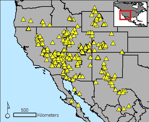 Map of the western United States with midden sites marked with yellow triangles.