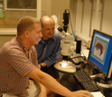 Photo of Harald Parzer and Armin Moczek in the laboratory at Indiana University.