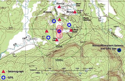 Map of seismic and GPS stations, 2003 experiment at Norris Geyser Basin, Yellowstone National Park