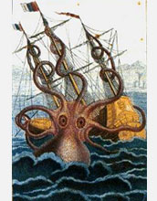 Illustration of an  enormous mythical sea monster, namesake of the Kraken Supercomputer.