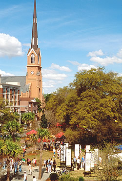   Panoramic view of church and town square on a sunny day				