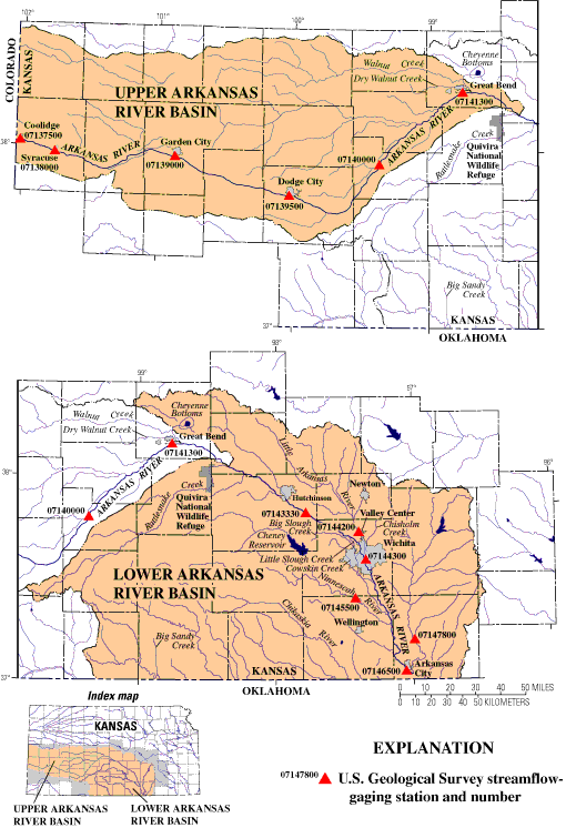 Figure 1. Location of Arkansas River Basin in Kansas and U.S. Geological Survey streamflow-gaging stations
	used to describe major floods in the basin.