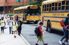 Children arrive to school by buses.