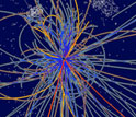 Illustration of a simulation of a proton-proton collision at the Large Hadron Collider.