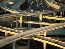 Image of multi-lane overpasses, exhibit of the complex layout of several interchanges at various elevations