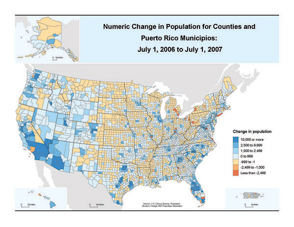 Map of Numeric Change in Population for Counties and Puerto Rico Municipios: July 1, 2006 to July 1, 2007