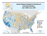 Map of Numeric Change in Population for Counties and Puerto Rico Municipios: July 1, 2006 to July 1, 2007