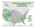 Map of Percent Change in Population for Counties and Puerto Rico Municipios: July 1, 2006 to July 1, 2007