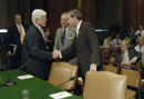 Secretary Gutierrez, Senators Spector and Kennedy greet