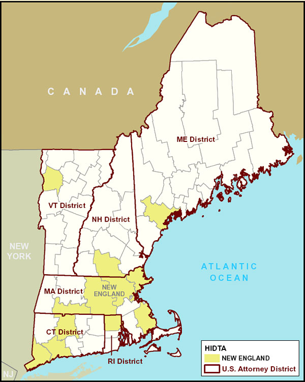 Map of the New England Region showing HIDTAs and U.S. Attorney Districts.