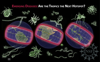 Illustration of bugs with map of tropics; text: Emerging diseases: Are the tropics the next hotspot?