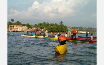 Photo of early morning shrimpers congregating on Nicaragua's coast.