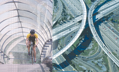 a bicyclist on an overhead road crossing; and an aerial view of a highway interchange system.