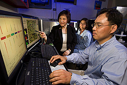 Using a microarray gene scanner, (left to right) immunologist and molecular biologists investigate differential immune gene expression of two different chicken lines after the chickens were vaccinated against coccidiosis: Click here for full photo caption.