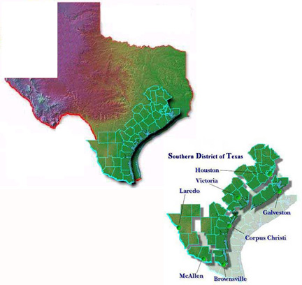 The Southern District of Texas comprises seven U.S. District Court divisions with federal district courts in Houston, Galveston, Victoria, Corpus Christi, Brownsville, McAllen and Laredo.