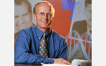 Foreground: John Hibbing; background: John F. Kennedy, Jr., Richard Nixon, red and blue states.