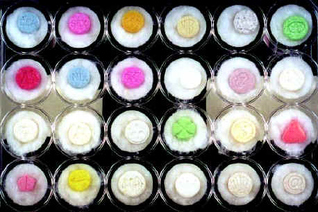 Picture of numerous pills in various colors and shapes stamped with different logos.