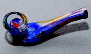 Photo of a multi-colored glass methamphetamine pipe.