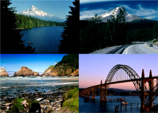 image of Oregon's main attractions: Yaquina Bay Bridge, Light House, Mount Hood, and Highway 35.