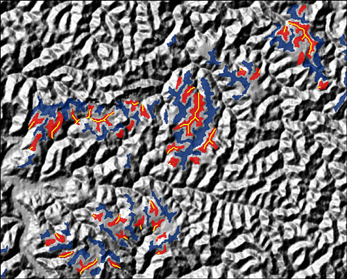Streams (yellow lines) contained within topographic change polygons for an area in Perry County in eastern Kentucky