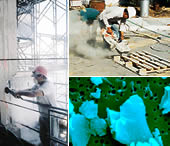 Worker grinding concrete, worker cutting rock, silica particles