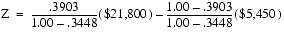 An equation displaying "Z" equals "point 3 9 0 3" over "1 minus point 3 4 4 8" times $21,800, then subtracted from that is the result of "1 minus point 3 9 0 3" over "1 minus point 3 4 4 8" times $5,450