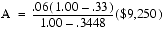 An equation displaying "A" equals "point 0 6" times "1 minus point 3 3" all over "1 minus point 3 4 4 8" with that result multiplied by $9,250