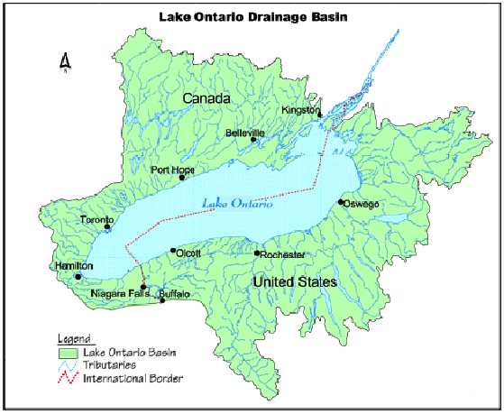 Map of the Lake Ontario Drainage Basin in New York and Ontario, including major cities such as Hamilton, Toronto, Port Hope, Belleville, Kingston, Oswego, Rochester, Olcott, Buffalo and Niagara Falls.