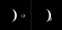 Enceladus briefly passes behind the crescent of Rhea in these images, 
which are part of a 