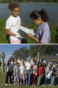 Top Photo: two girl scouts cleaning, Bottom Photo: girl scout group photo