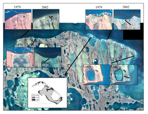  Example of erosion rates along the Teshekpuk Lake Special Area coastline between 1979 and 2002 for select locations and time series of barrier island migration between 1955 and 2002. Linked to larger image.