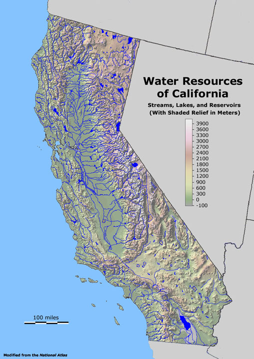 Water Resources & Shaded Relief Map of California