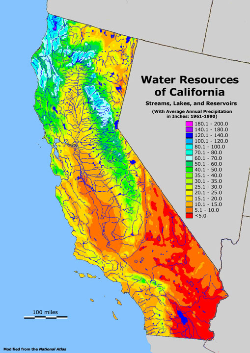 Water Resources,Precipitation and Relief Map of California