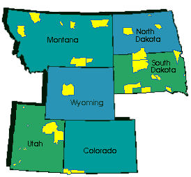 Map showing 
tribal lands in Montana, North & South Dakota, Wyoming, Utah and Colorado