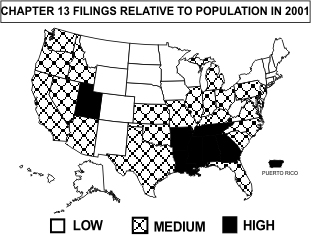 U.S. map showing chapter 13 filings relative to population in 2001.