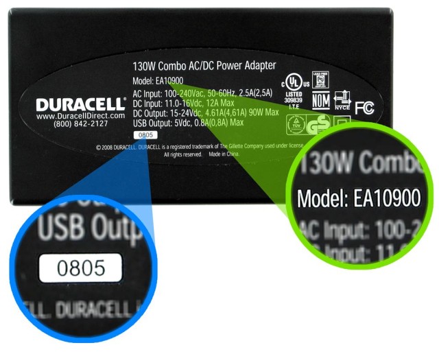 Picture of Recalled Power Adapter with Date Code and Model Number locations indicated