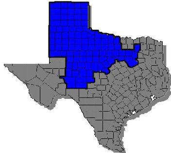 Map of Texas with northern district in blue.