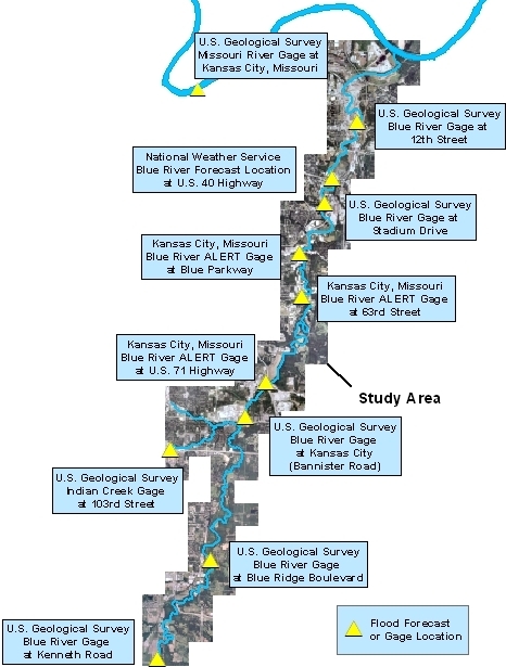 Gage locations for the Flood Inundation Maps for the Blue River in Kansas City, Missouri web site