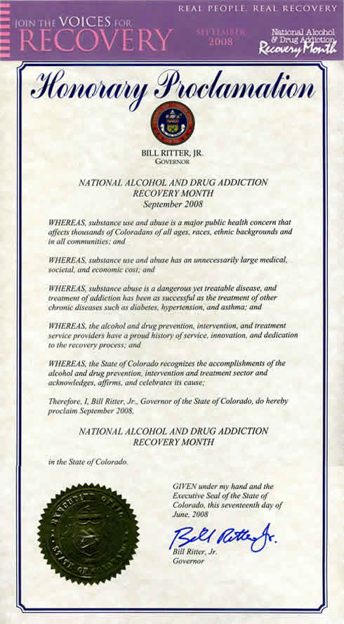 Proclamation from the Governor of Colorado stating participation in the programs and activities supporting Recovery Month 2008