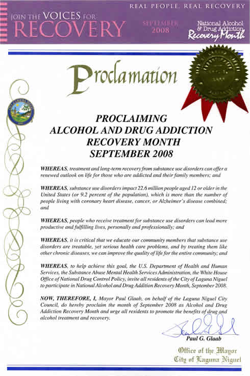 Proclamation from the Mayor of the City of Laguna Niguel, California stating participation in the programs and activities supporting Recovery Month 2008